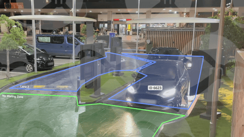 Lemon Neural – Drive-thru i finestreta: seguiment de vehicles per carril, temps d'espera i de servei, identificació del vehicle (ex. ID 6623) i control de zones No Waiting per evitar bloquejos.