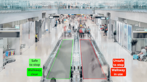 Black Neural: monitoratge de passadissos mòbils en aeroport amb senyalització de carrils “Walkway clear / Safe to stop” (verd) i “Walkway in use / Unsafe to stop” (vermell), detecció d'ús i obstruccions.