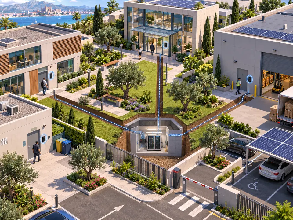 Un pequeño recinto de empresas visto desde el aire, con el suelo del jardín central abierto como una maqueta. Bajo la hierba hay una sala con dos armarios de equipos, y de ella salen cables azules que recorren el terreno hasta cada puerta: la entrada acristalada del fondo, el muelle de la nave de la derecha, una puerta de servicio a la izquierda y la barrera del aparcamiento. En cada punto, una persona se acerca a un lector.
