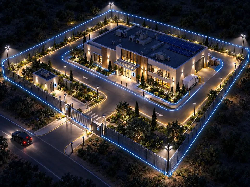 Un edificio aislado en el campo, de noche, visto desde el aire. Alrededor de toda la parcela, la valla perimetral está marcada con una línea azul continua que cierra el recinto entero; dentro, los caminos y la fachada están iluminados y hay un camión parado en el muelle. En la esquina de abajo a la izquierda, un coche circula por la carretera y pasa de largo junto a la puerta cerrada.