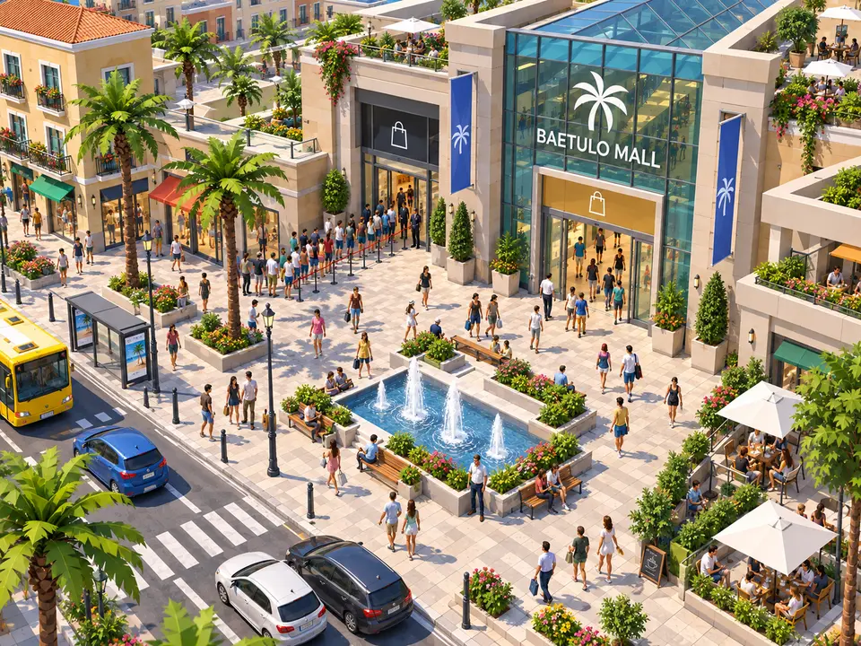 A shopping square in full sun, seen from a high balcony. On the left, the street with shops, a city bus and a pedestrian crossing; on the right, terraces with parasols and people sitting. In the centre, a fountain with jets and benches around it, and dozens of people crossing with bags. At the back, in front of the shopping centre's glass entrance, a long queue has formed between posts and tape.