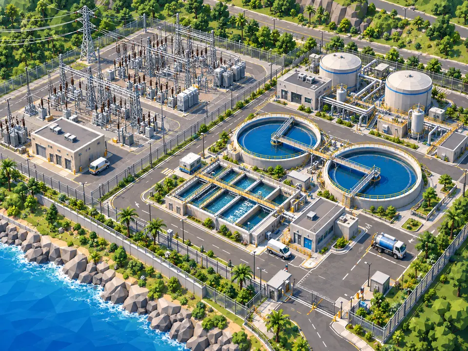 A utilities plot by the coast, seen from the air at midday. On the left, an electrical substation with its pylons, transformers and the high-voltage lines running off the top; on the right, a treatment works with two circular clarifiers of blue water, rectangular basins and two closed tanks. Below, the sea and the rocks lie outside the fence that runs round the whole site, with the access gate on the right.