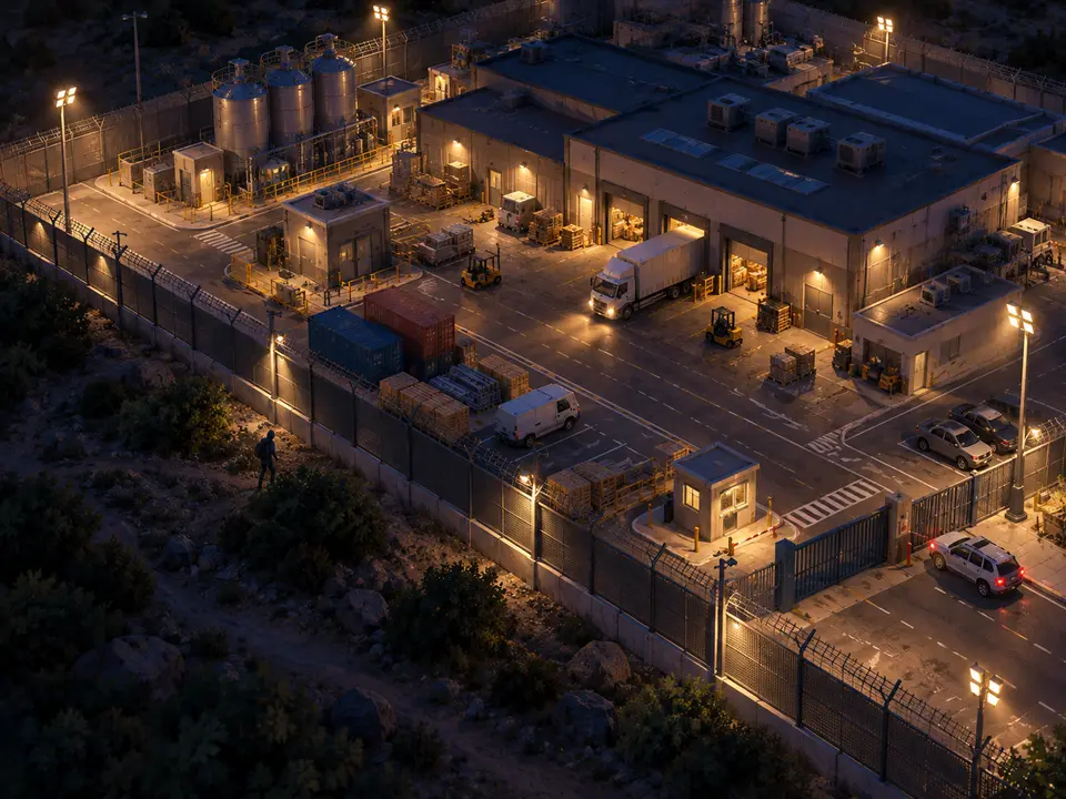An industrial site at night, seen from a hillside. Inside the lit compound there are metal tanks, an industrial unit with its loading bays open and a lorry unloading. The whole perimeter is closed off with a wall and a fence topped with razor wire, and the entrance has a hut and a barrier. In the dark outside, among scrub and rocks, one person stands pressed against the wall, looking in.