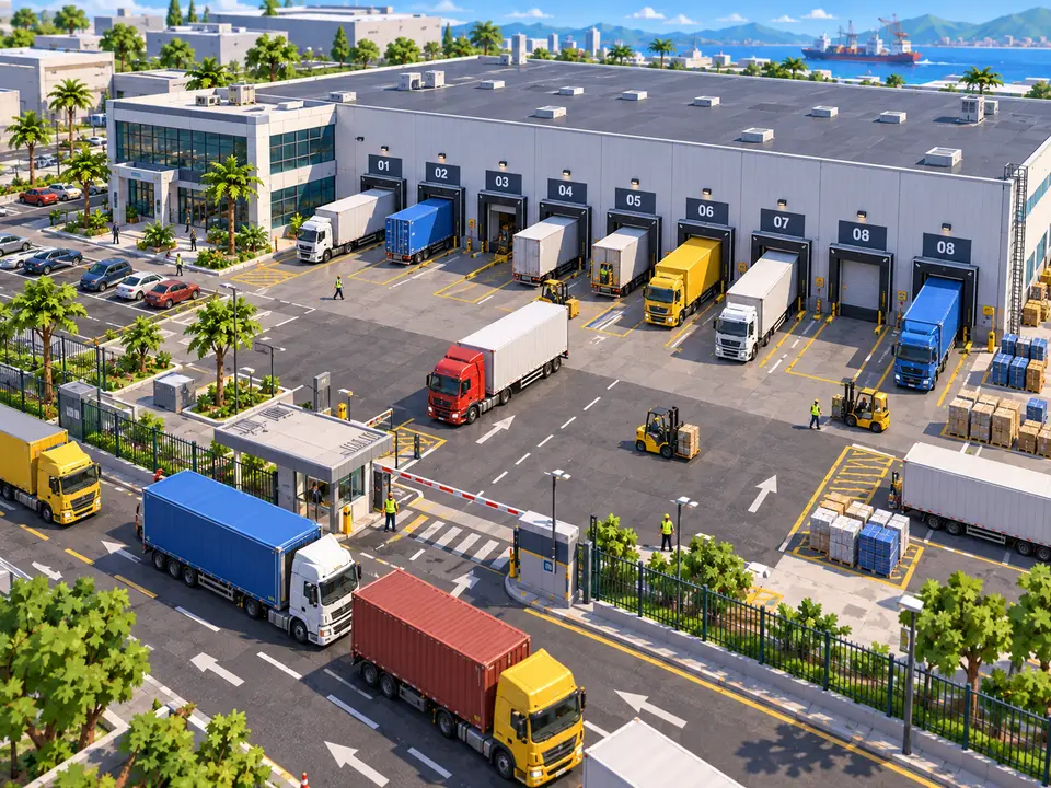 A logistics centre seen from the air at midday, with the sea and some port cranes at the back. Filling the whole width, the loading bay frontage with numbered doors and lorries docked at nearly all of them. In the yard, two forklifts move pallets and a red lorry manoeuvres towards its slot. In the foreground, the entry hut with the barrier down and three lorries waiting in the street.