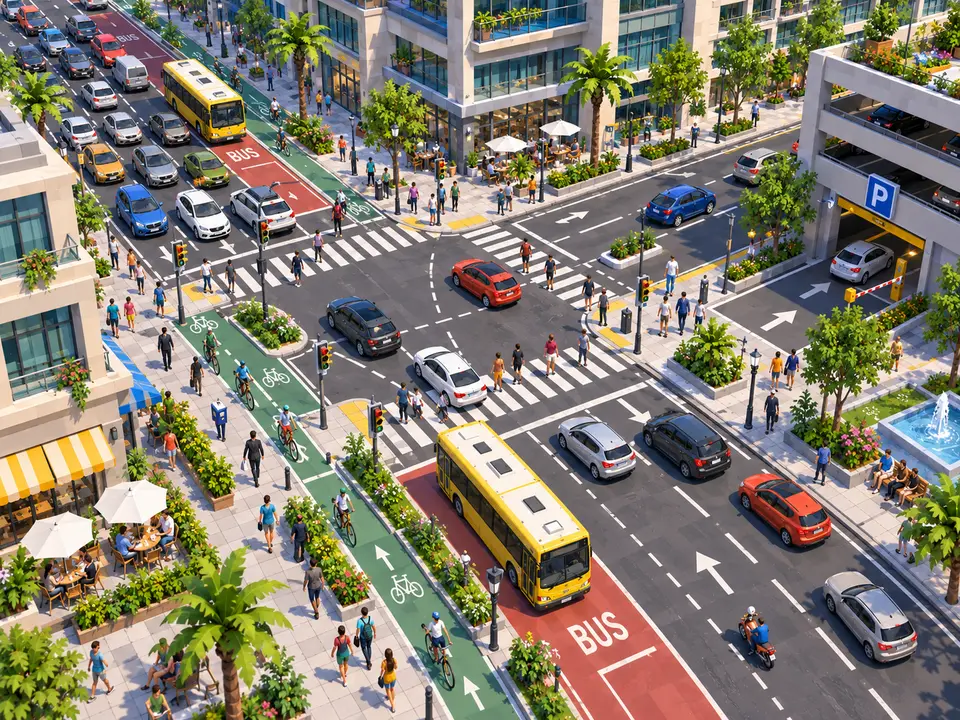 A city junction in full daylight, seen from a tall building. On the left, a red bus lane and a green cycle lane run down side by side next to the pavement terraces; on the right, the entrance to an underground car park with its sign. In the centre, cars wait while people cross at the zebra crossings and a yellow bus pulls into the reserved lane.