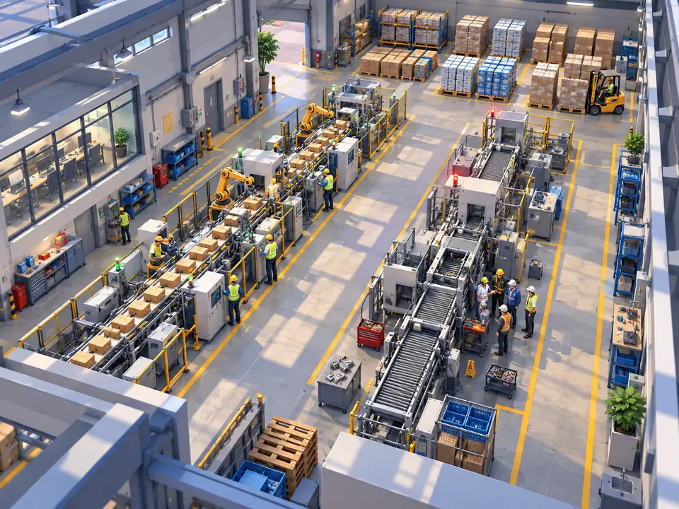 A production unit seen from a high walkway. On the left, behind glass, the plant office; in the centre, two parallel assembly lines with yellow robot arms and operators in hard hats on both sides placing boxes. On the right, a roller conveyor and four people standing by a machine, looking at something on a tablet. At the back, stacked pallets and a forklift.