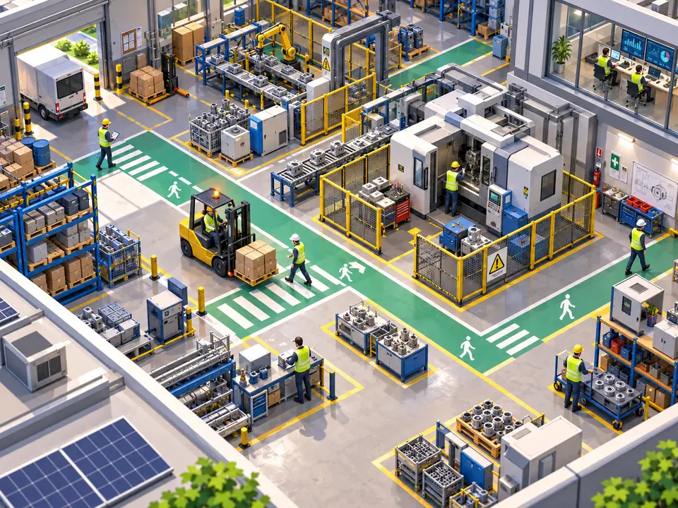 The inside of a manufacturing workshop seen from a high corner, with the walls opened up. On the floor there is a green-painted walkway with zebra markings at the crossings, and several operators in hard hats and high-visibility vests walking along it. At the crossing in the centre, a forklift with its beacon on stops while a worker finishes crossing. On the right, two people follow the floor from a glazed office.