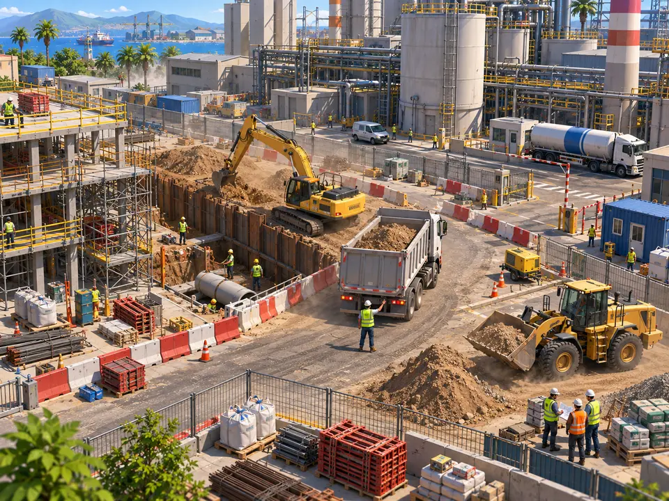 Una obra oberta a mig matí al costat d'una planta industrial, amb el mar i unes grues de port al fons. A l'esquerra, l'estructura de formigó en construcció amb les seves bastides; al centre, una excavadora treu terra d'una rasa estintolada. En primer terme, un operari amb casc i armilla guia marxa enrere un camió bolquet, i a baix a la dreta tres persones revisen un plànol al costat d'una pala carregadora.