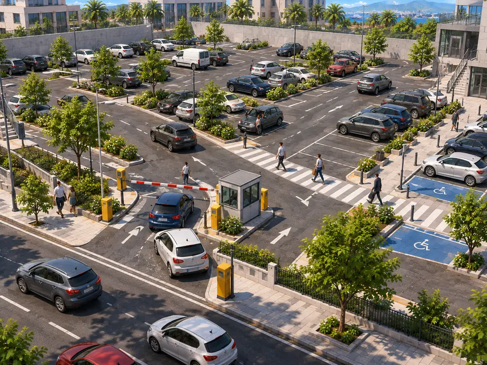An open-air car park at midday, seen from a high floor. At the back, the rows of spaces with trees between them and the sea behind; on the right, two reserved bays painted blue with the wheelchair symbol. In the foreground, a raised barrier next to a control hut lets a blue car through while another waits behind and several pedestrians cross at the zebra crossing.