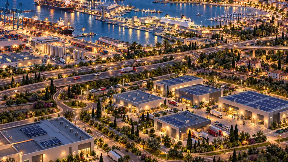 Una ciutat portuària al capvespre, vista des d'un turó. A dalt, la terminal de contenidors amb les seves grues, el port esportiu i un ferri atracat; al mig, una autopista amb trànsit en les dues direccions. En primer pla, un polígon de naus logístiques amb els llums encesos, camions als molls i els carrers interiors encara en moviment.