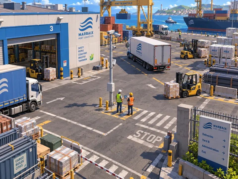 El patio de una terminal portuaria a mediodía. A la izquierda, una nave con la puerta abierta y una carretilla dentro; a la derecha, camiones cruzando, palés apilados y, al fondo, la grúa pórtico y un buque en el muelle. En el centro, al pie de un mástil con dos cámaras y su armario, dos técnicos con chaleco y casco miran hacia arriba mientras uno anota algo en una tableta.