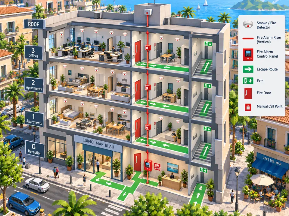 Un edificio de cuatro plantas en un pueblo costero, dibujado en sección para que se vea el interior de cada piso. Abajo, la recepción y un local a pie de calle; encima, dos plantas de viviendas y, arriba, una de oficinas. En los techos hay detectores repartidos, por los suelos corren flechas verdes de evacuación hacia las escaleras y una tubería roja sube en vertical de la planta baja al tejado. A la derecha, una leyenda.