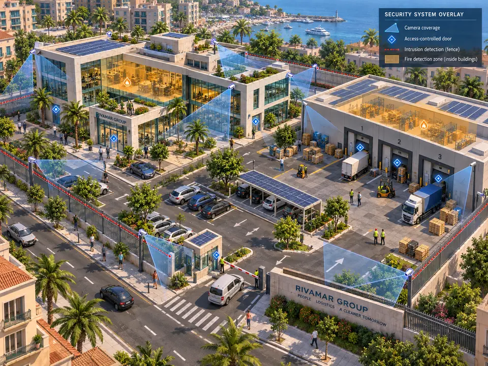 Un recinto de empresas visto desde el aire a mediodía, con el mar y un puerto deportivo al fondo. A la izquierda, el edificio de oficinas acristalado con placas solares en la cubierta; a la derecha, la nave con sus muelles de carga y camiones; en medio, el aparcamiento y la barrera de entrada. Sobre todo ello, conos azules de visión, marcas en cada puerta y una línea roja que recorre la valla, con una leyenda arriba.