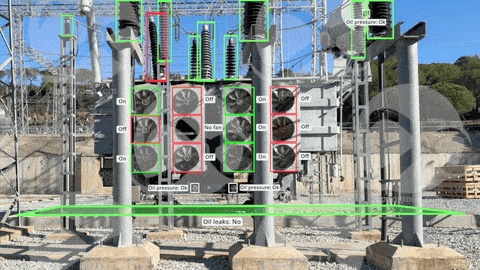 Rust Neural: monitorización en subestación eléctrica con detección en tiempo real de ventiladores ON/OFF, presión de aceite OK, ausencia de fugas y estado de aisladores de alta tensión.